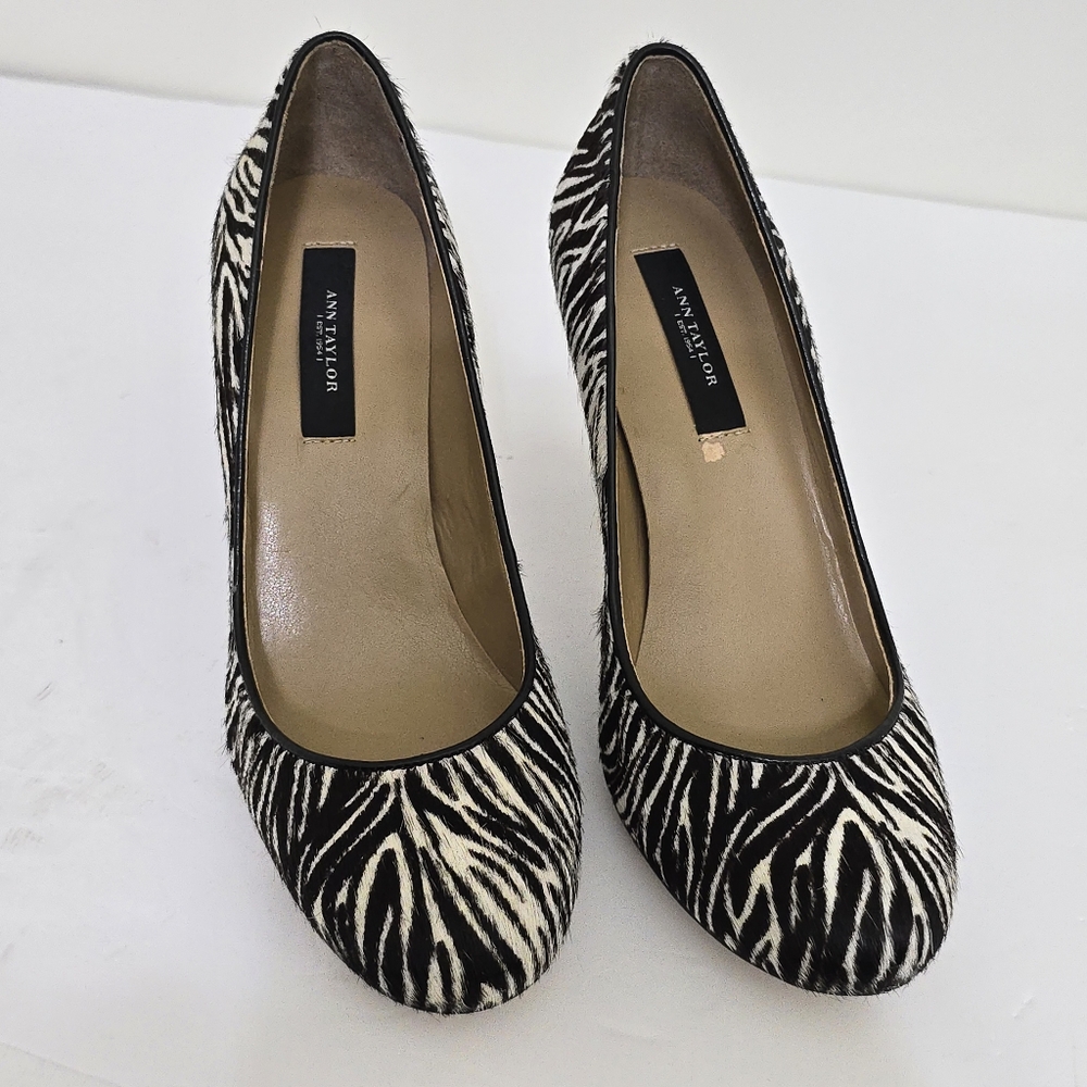ANN TAYLOR size 6 Brazilian Leather Calf Hair Exotic Zebra Animal Print Pumps